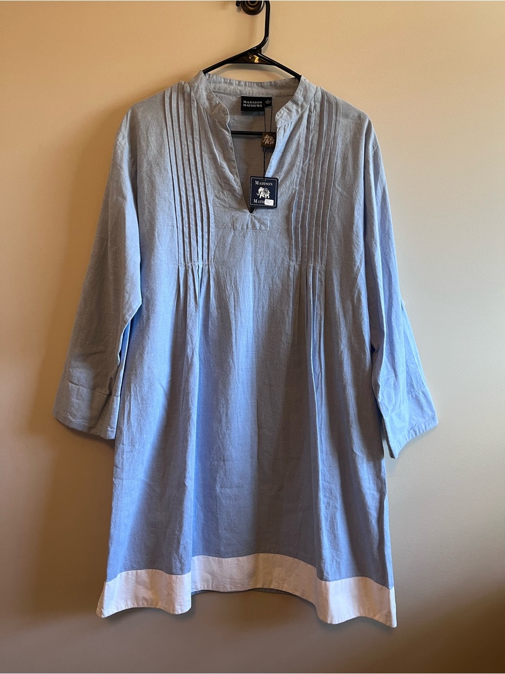 Madison Mathews Light Blue Collarless Dress with White Trim